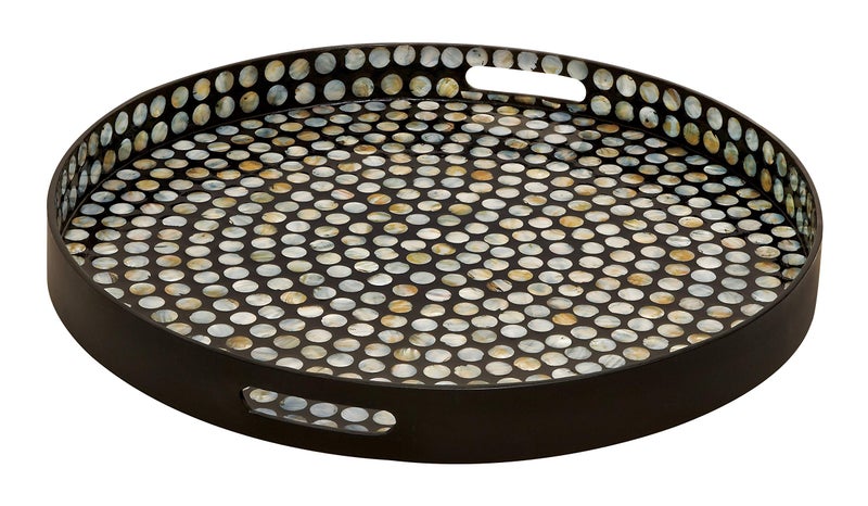 Deco 79 Mother of Pearl Shell Handmade Living Room Decor Tray Ottoman Tray with Slot Handles, Serving Tray 24" x 24" x 3", Black - Image 2